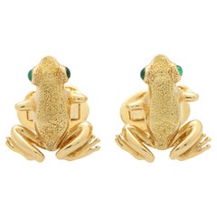 Vintage Tiffany & Co. Emerald Eye Frog Swivel Cufflinks in 18k Yellow Gold