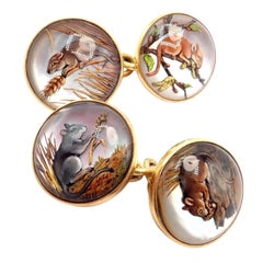 Vintage Tiffany & Co England Essex Reverse Intaglio Field Mice Gold Cufflinks