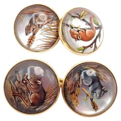 Vintage Tiffany & Co England Essex Reverse Intaglio Field Mice Gold Cufflinks