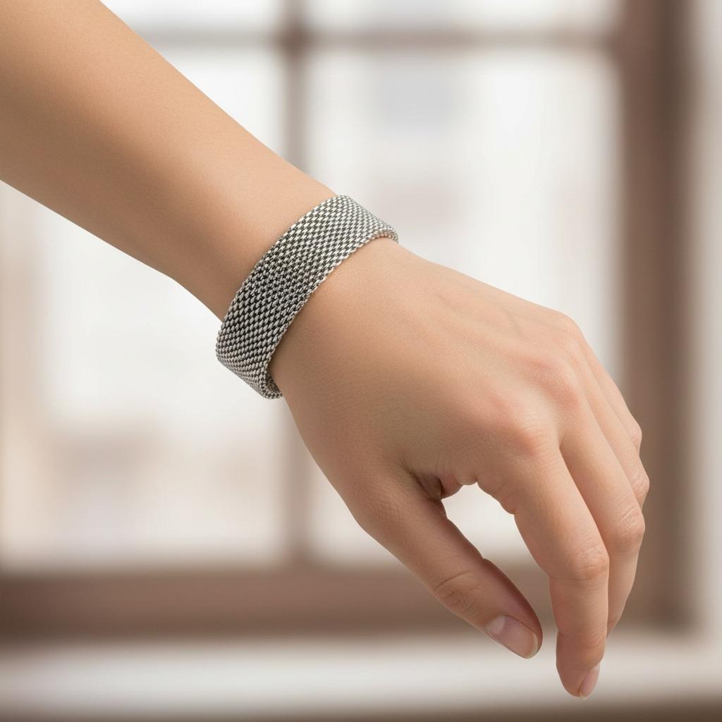 Entdecken Sie zeitlose Raffinesse mit dieser exquisiten Tiffany & Co. Estate Sterling Silver Mesh Bracelet, ein Vintage-Schätzchen, das für die legendäre Handwerkskunst und den beständigen Stil des Hauses steht. Dieses elegante Stück zeigt die