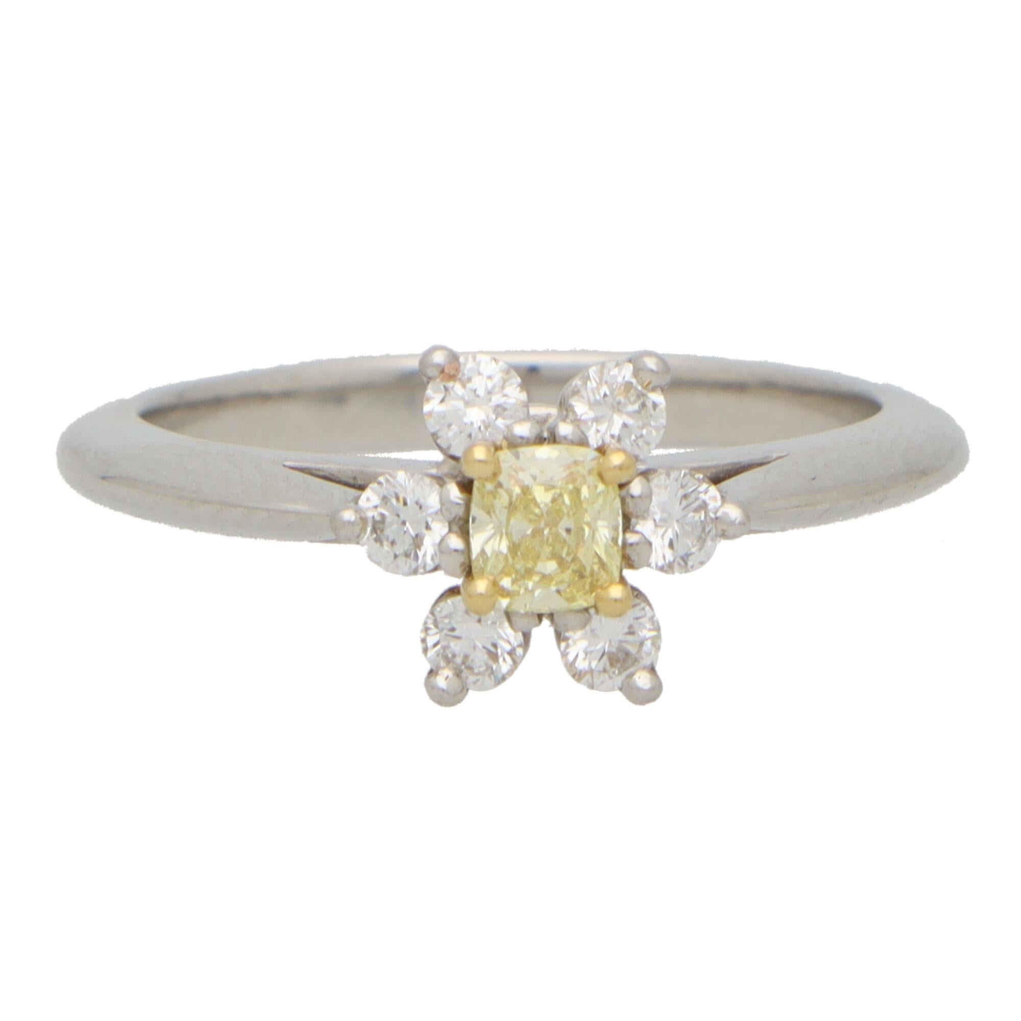 Modern Vintage Tiffany & Co Fancy Intense Yellow Diamond Cluster Ring in Platinum