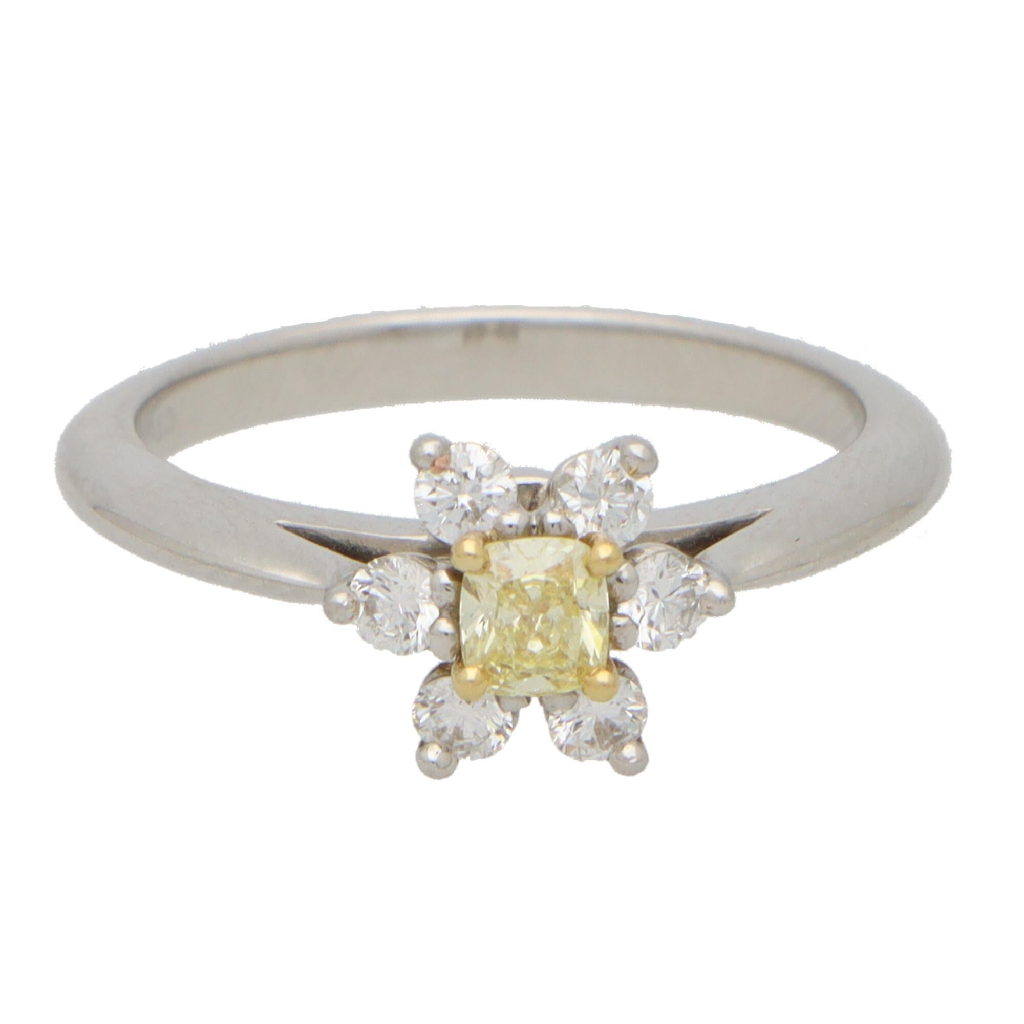 Cushion Cut Vintage Tiffany & Co Fancy Intense Yellow Diamond Cluster Ring in Platinum