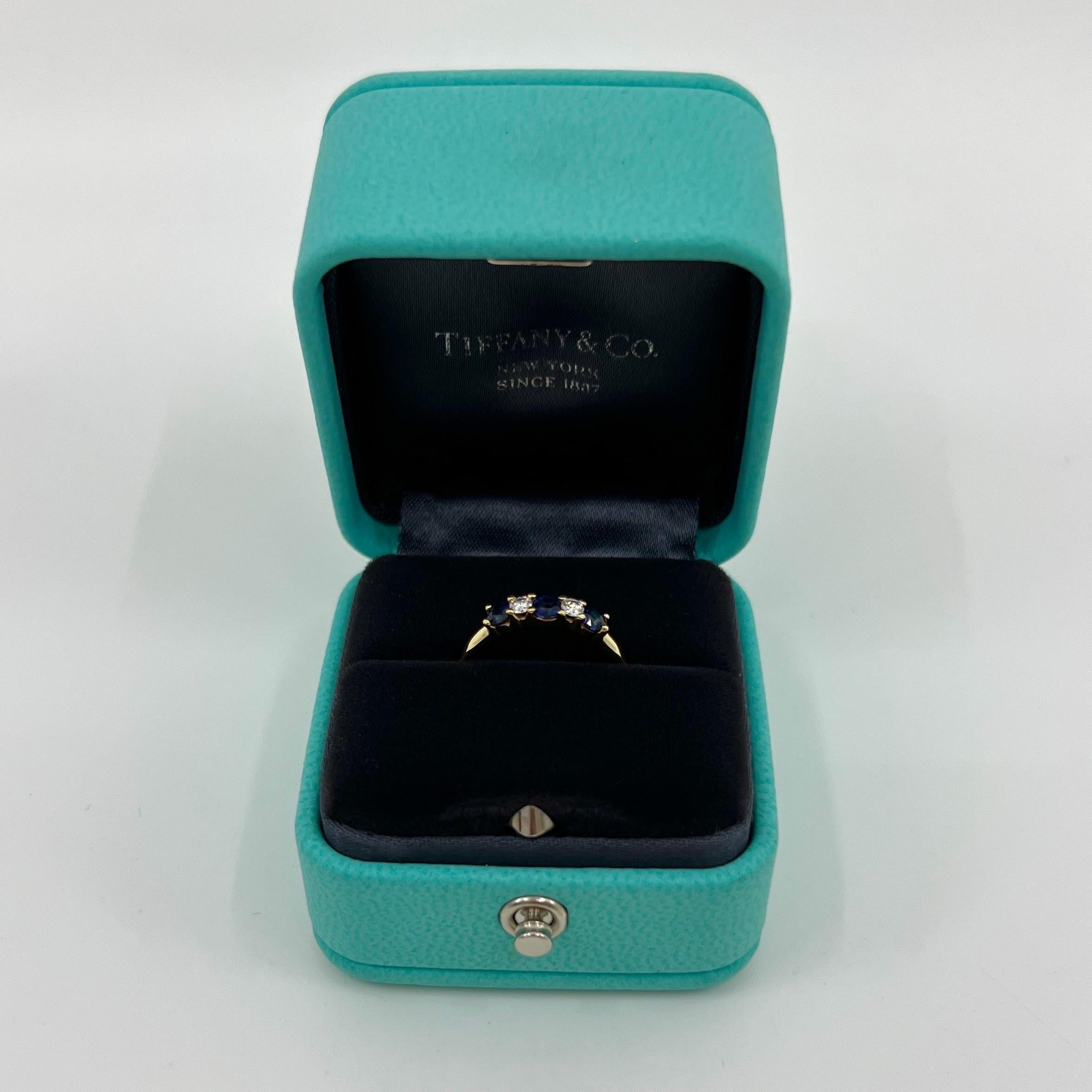 Vintage Tiffany & Co Fine Blue Sapphire Diamond 18k Yellow Gold Five Stone Ring 5
