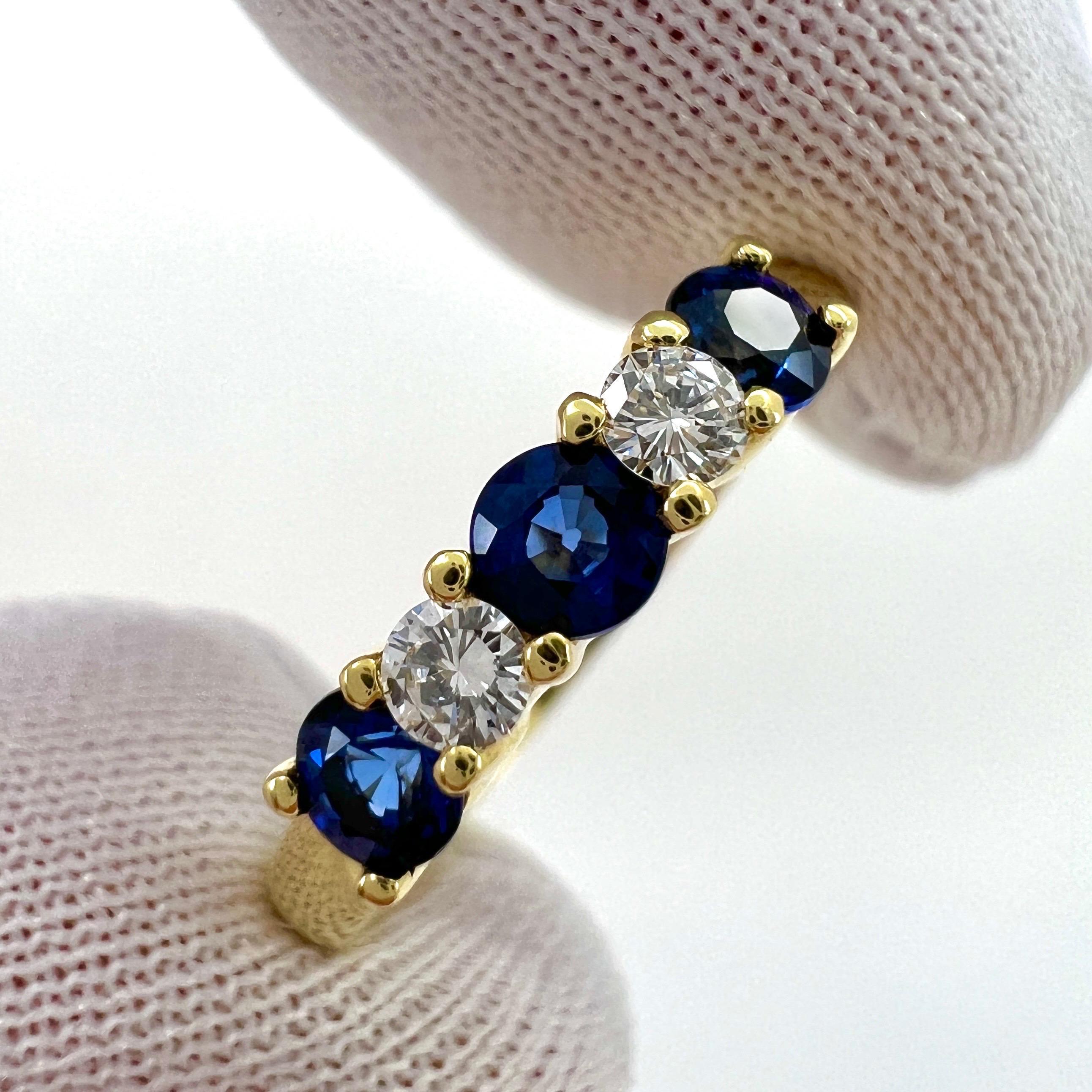 Tiffany & Co Fine Blue Sapphire & Diamond 18k Yellow Gold Five Stone Ring.

Stunning yellow gold ring set with x3 fine deep blue sapphires measuring 3mm and x2 round brilliant cut natural diamonds measuring 2.5mm.

Fine jewellery houses like Tiffany