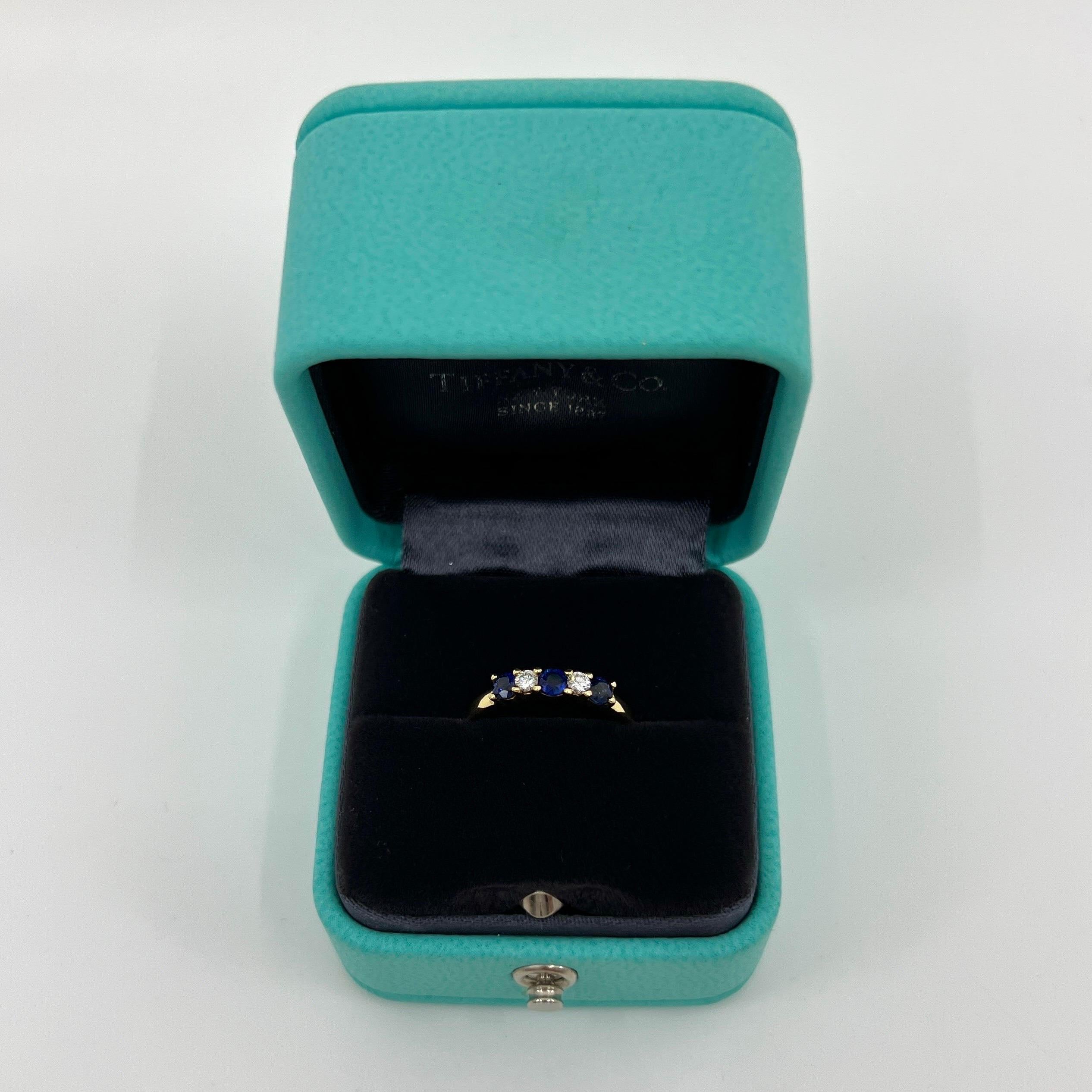 Round Cut Vintage Tiffany & Co Fine Blue Sapphire Diamond 18k Yellow Gold Five Stone Ring