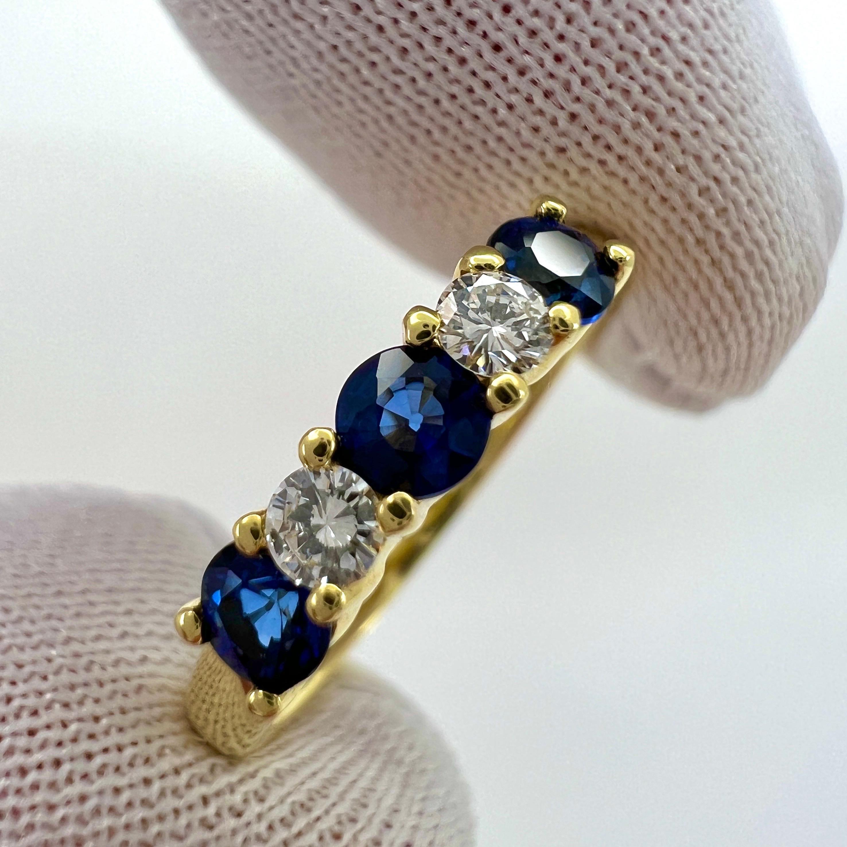 Vintage Tiffany & Co Fine Blue Sapphire Diamond 18k Yellow Gold Five Stone Ring In Excellent Condition In Birmingham, GB