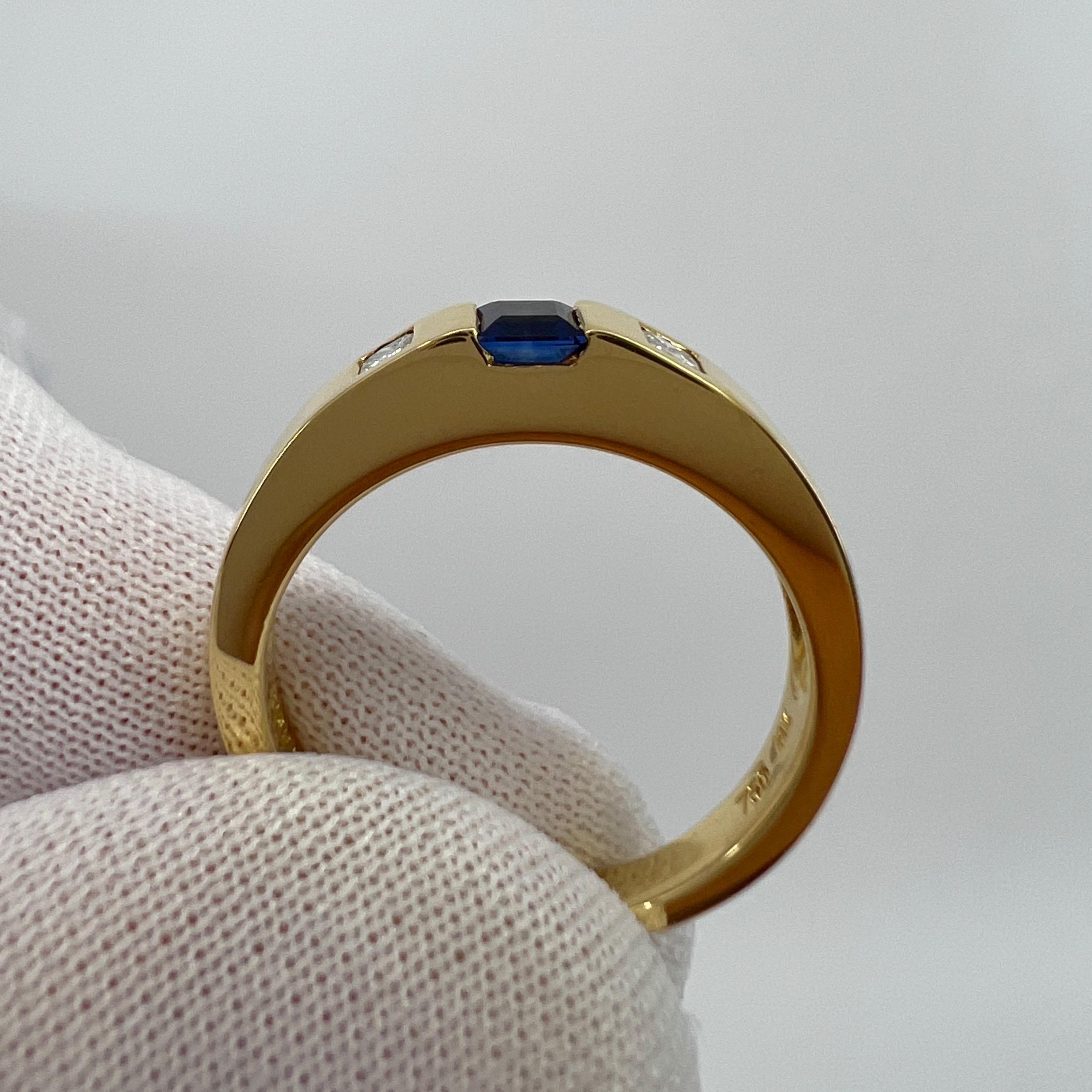 Princess Cut Vintage Tiffany & Co Fine Blue Sapphire Diamond 18k Yellow Gold Three Stone Ring