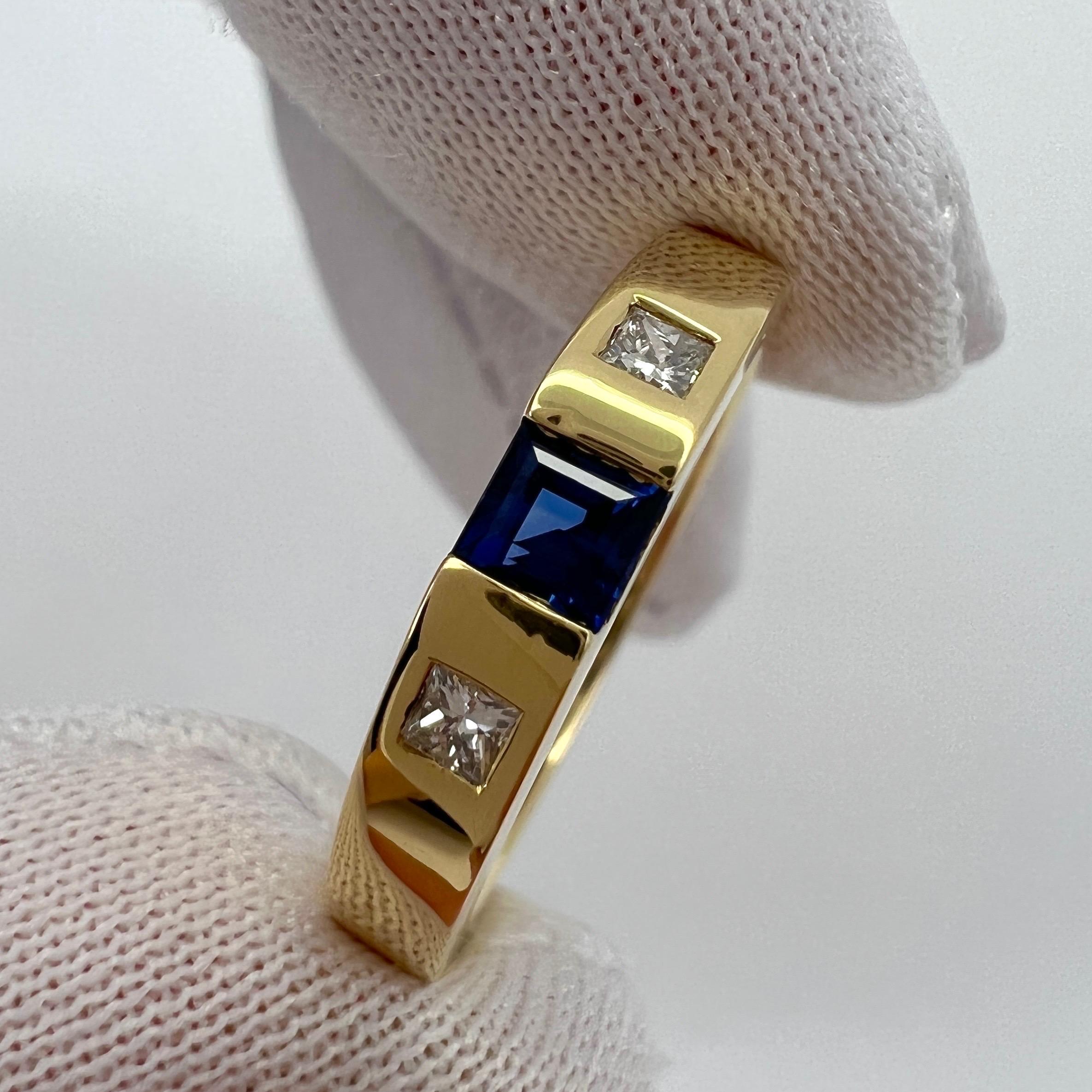 Women's or Men's Vintage Tiffany & Co Fine Blue Sapphire Diamond 18k Yellow Gold Three Stone Ring