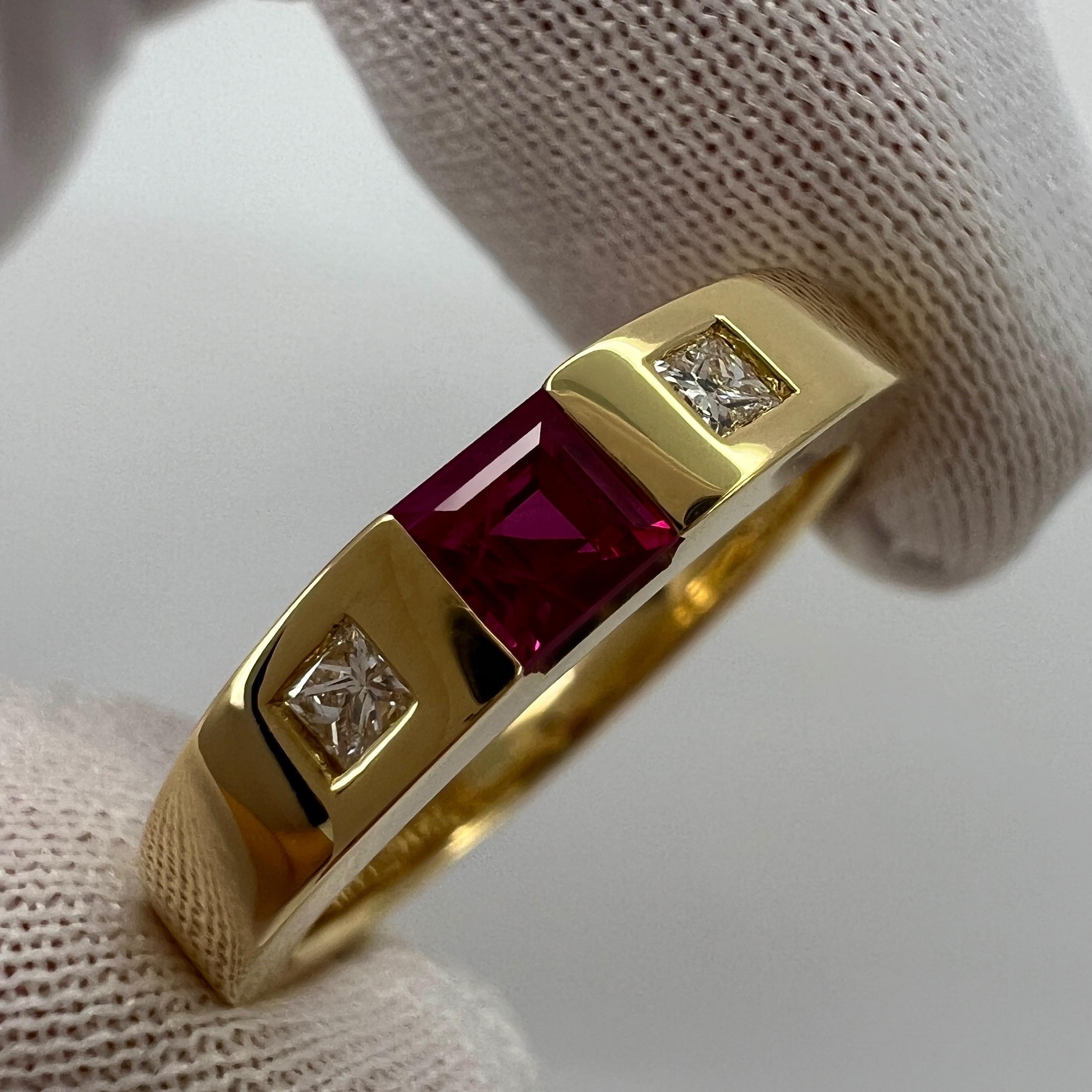 Princess Cut Vintage Tiffany & Co Fine Pink Red Ruby Diamond 18k Yellow Gold Three Stone Ring