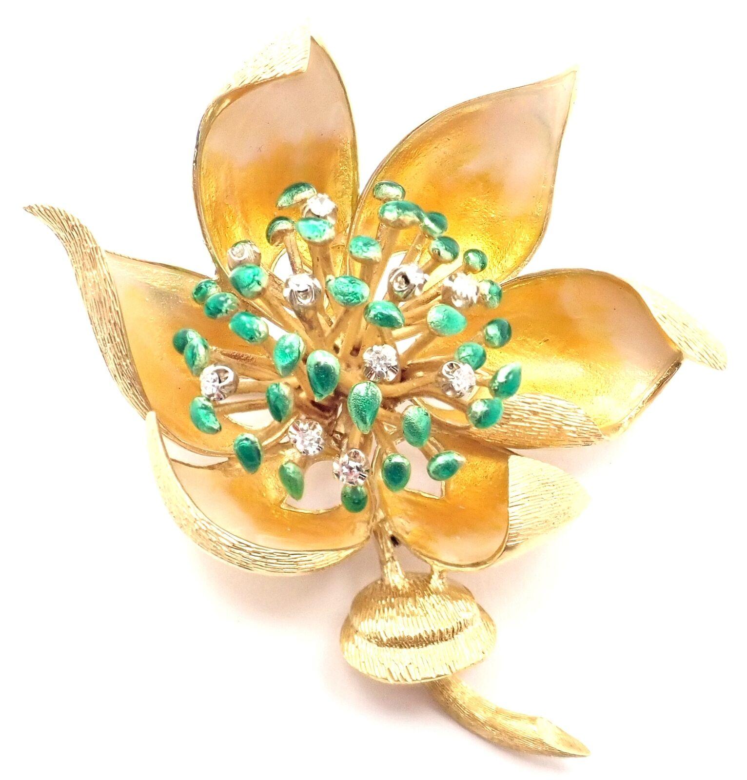 18k Yellow Gold Vintage Diamond  Large Pin Brooch by Tiffany & Co. 
With 10 round diamonds
Enamel
Details: 
Measurements: 2.5