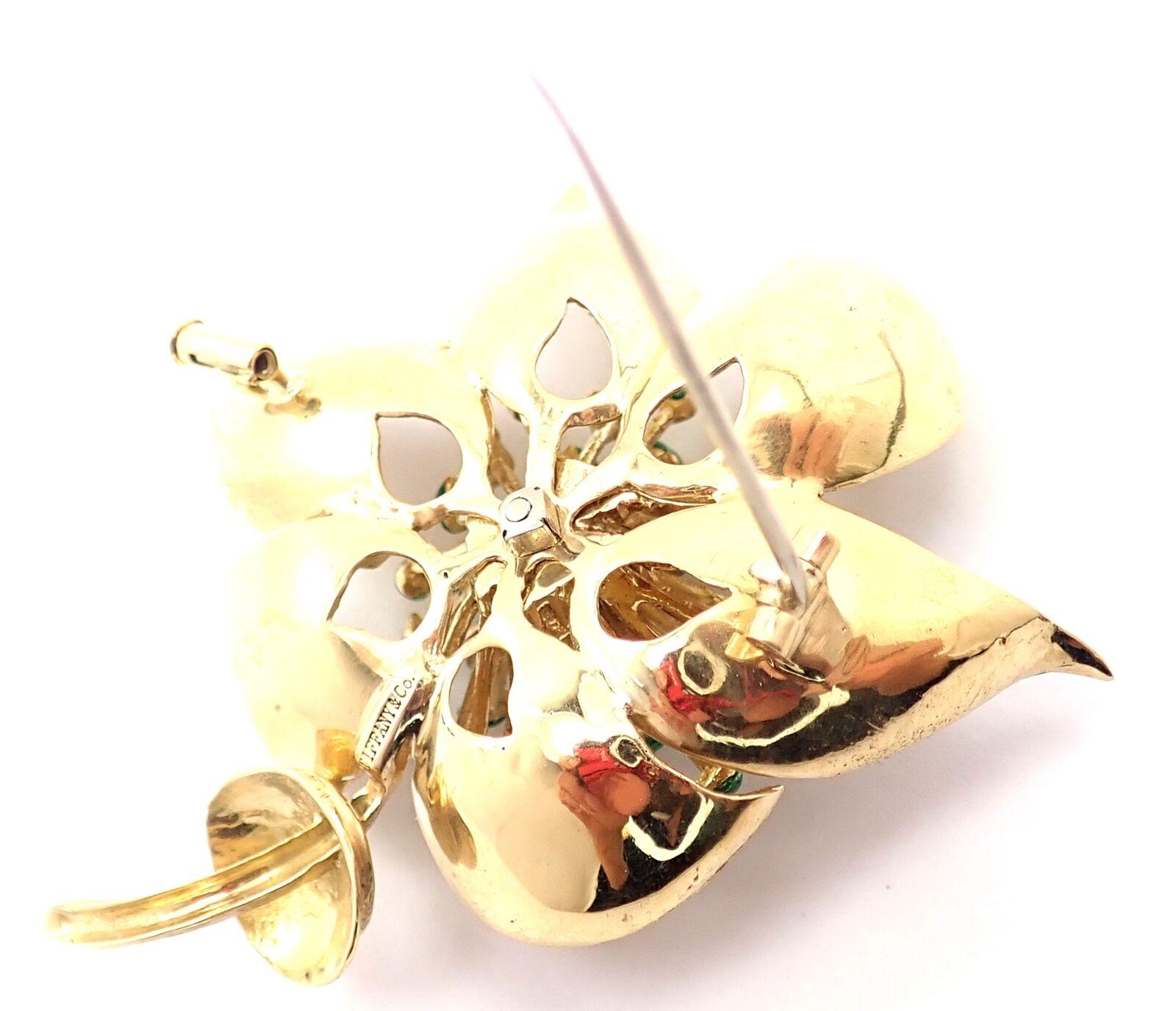 Brilliant Cut Vintage Tiffany & Co Flower Diamond Enamel Large Yellow Gold Pin Brooch For Sale