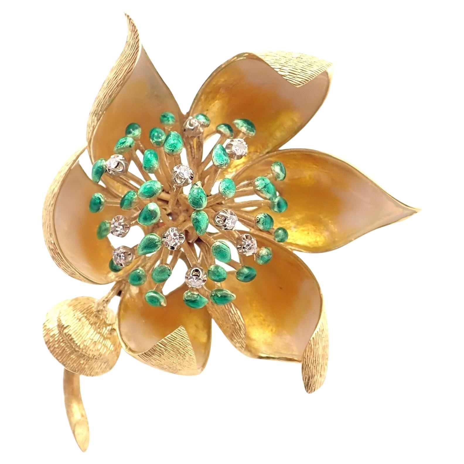 Vintage Tiffany & Co Flower Diamond Enamel Large Yellow Gold Pin Brooch For Sale