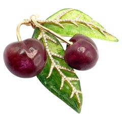 Vintage Tiffany & Co France Diamond Plique A Jour Glass Cherries Gold Brooch