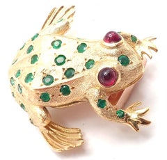 Anstecknadelbrosche, Vintage, Tiffany & Co, Frankreich, Rubin, Smaragd, Frosch, Gelbgold