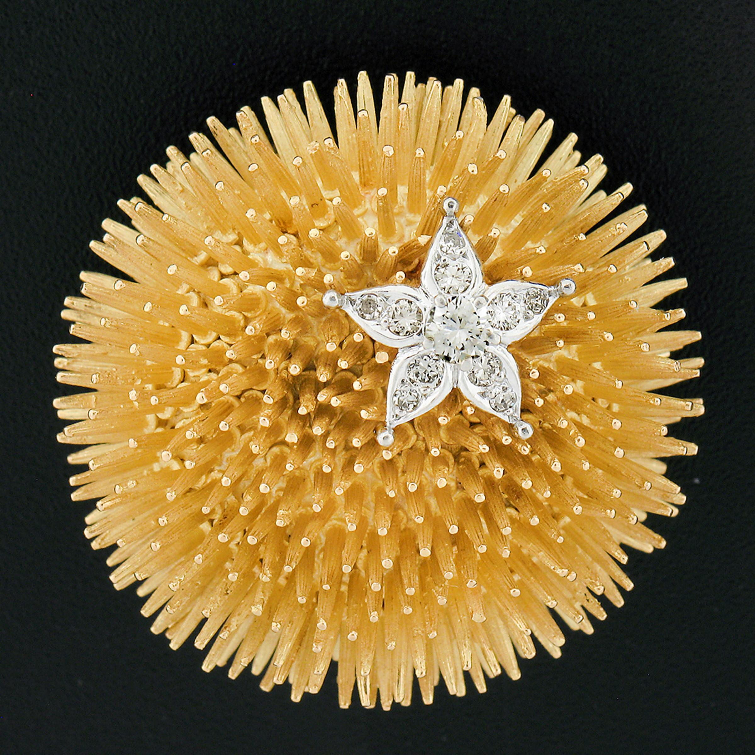 Here we have a lovely vintage brooch, 100% guaranteed authentic Tiffany & Co. crafted in France from solid 18k yellow and white gold. The brooch features a perfectly detailed sea urchin design that has a matte and textured finish with an adorable