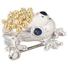 Vintage Tiffany & Co Frog Brooch Sterling Silver 18k Gold Sapphire Eyes Jewelry