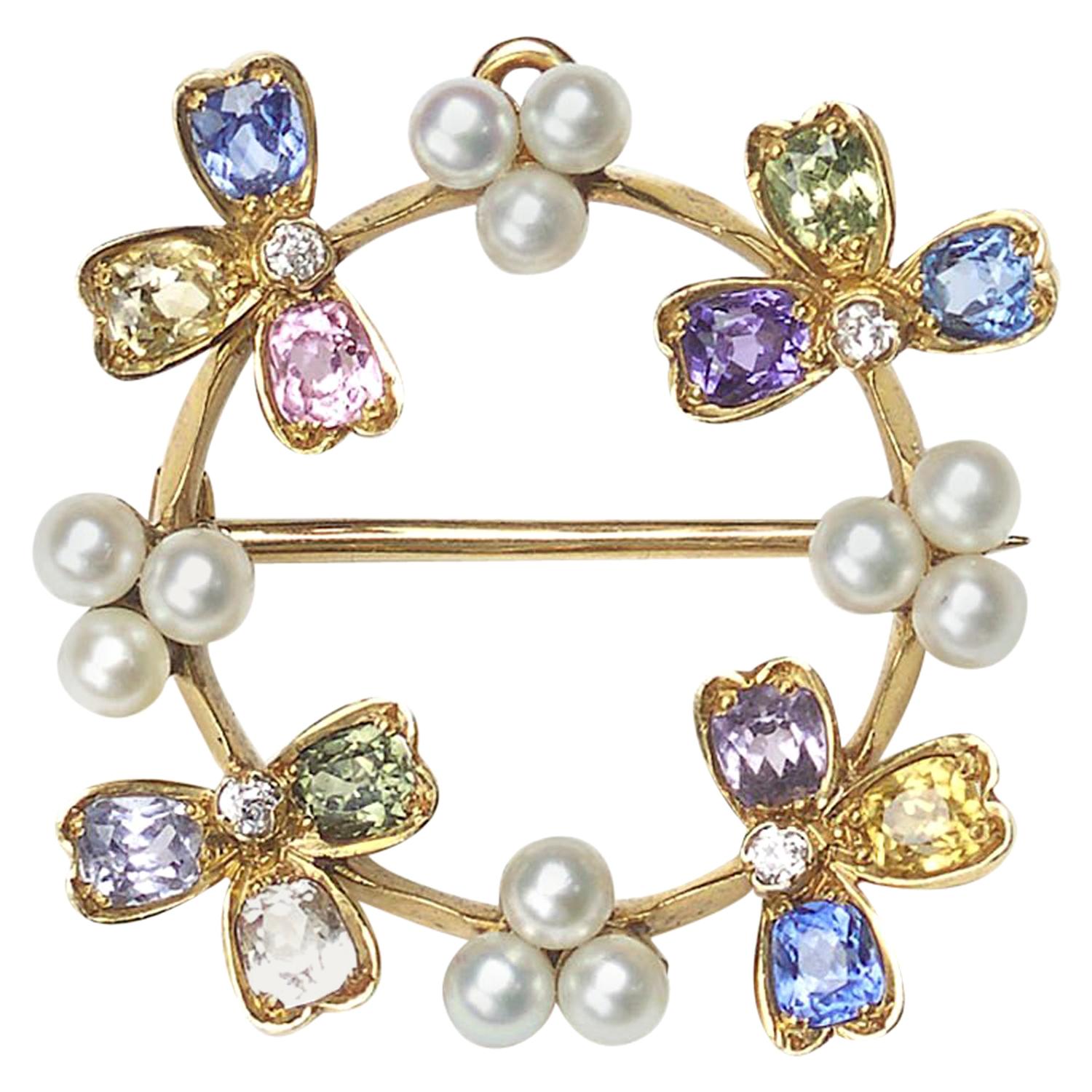 Vintage Tiffany & Co. Broche pendentif en or et perles serties de pierres précieuses, c. 1937