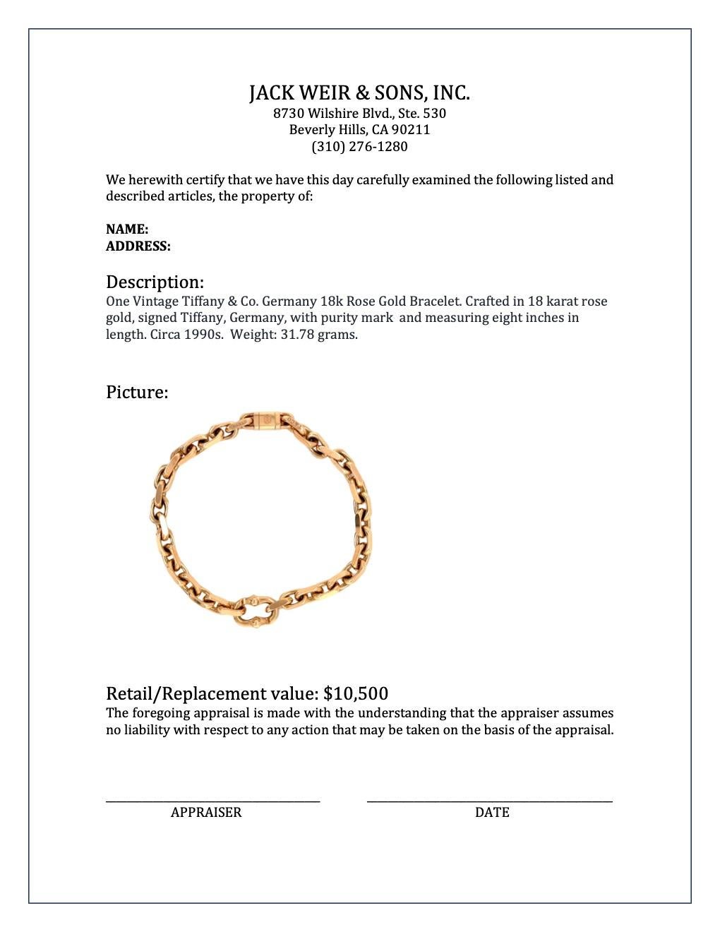 Vintage Tiffany & Co. Germany 18 Karat Rose Gold Bracelet In Excellent Condition In Beverly Hills, CA