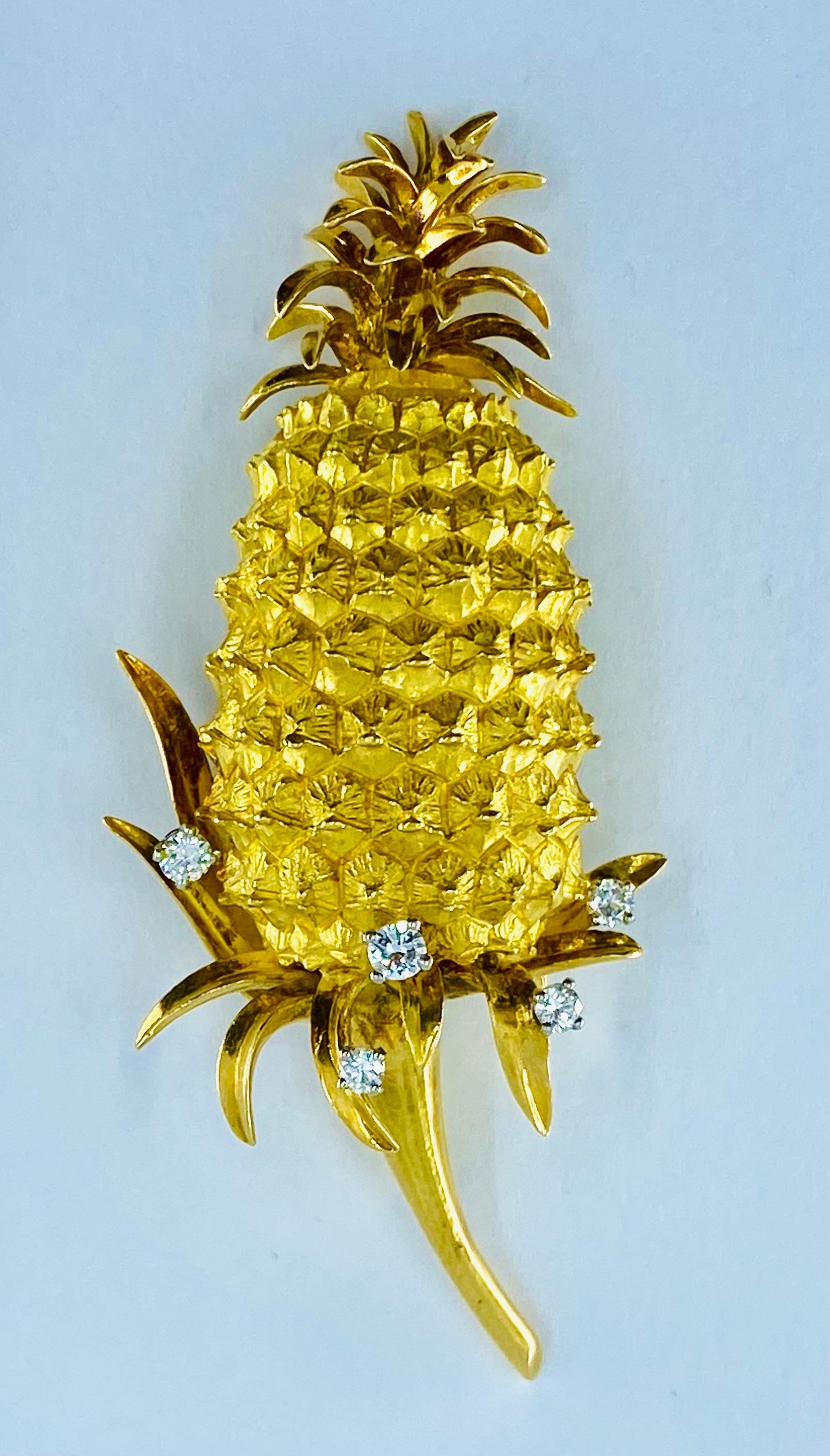Round Cut Vintage Tiffany & Co. Gold Pineapple Brooch For Sale