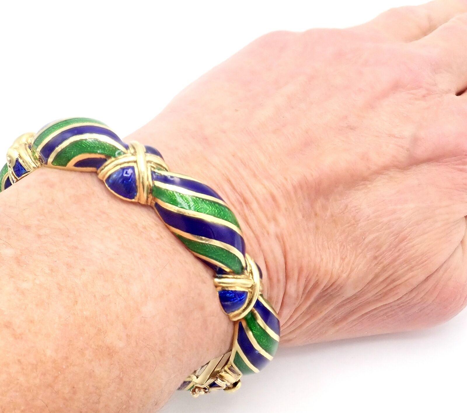 Vintage Tiffany & Co Green Blue Enamel Yellow Gold Bangle Bracelet For Sale 3