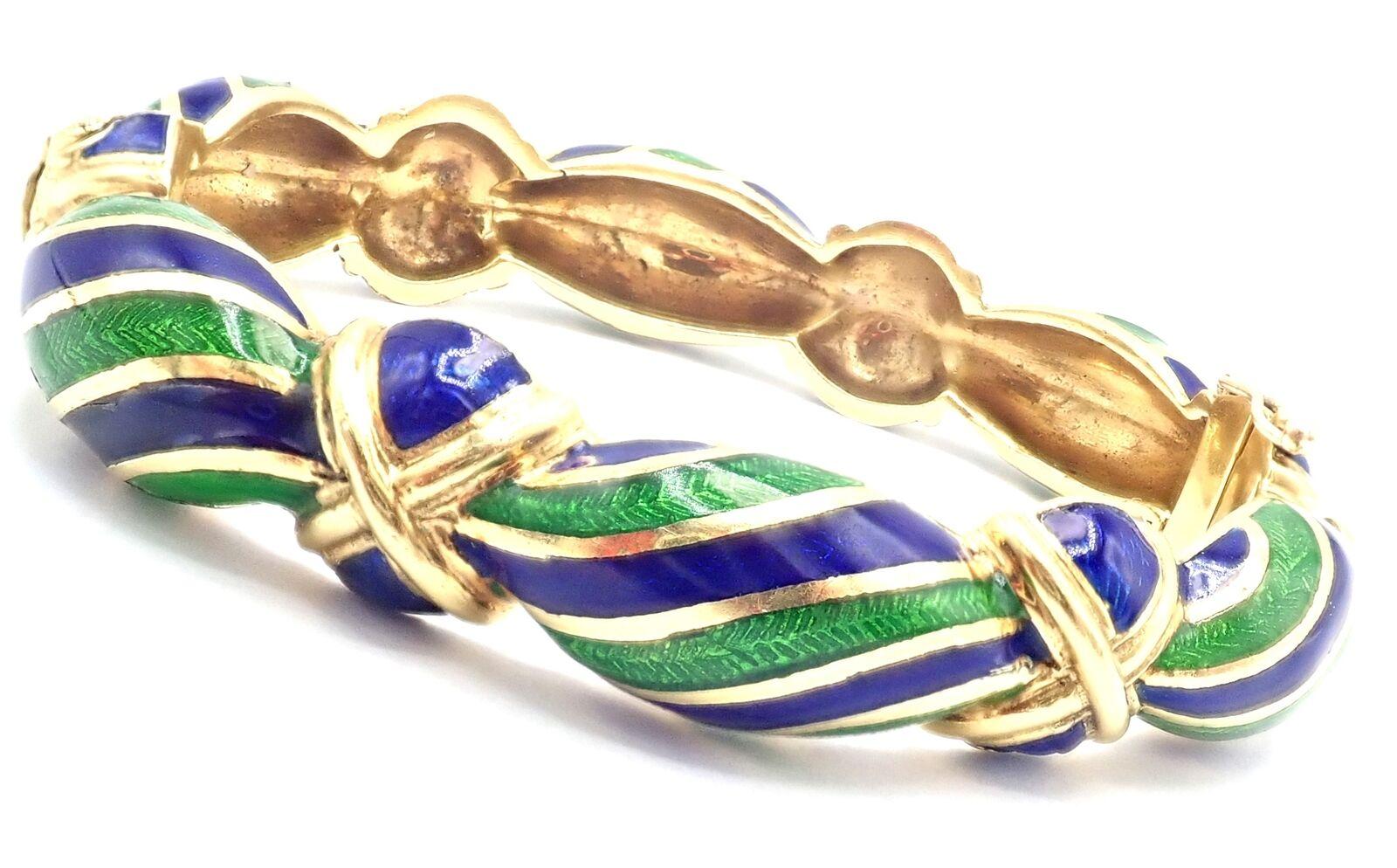 Tiffany & Co Bracelet jonc vintage en or jaune et émail bleu vert Excellent état - En vente à Holland, PA
