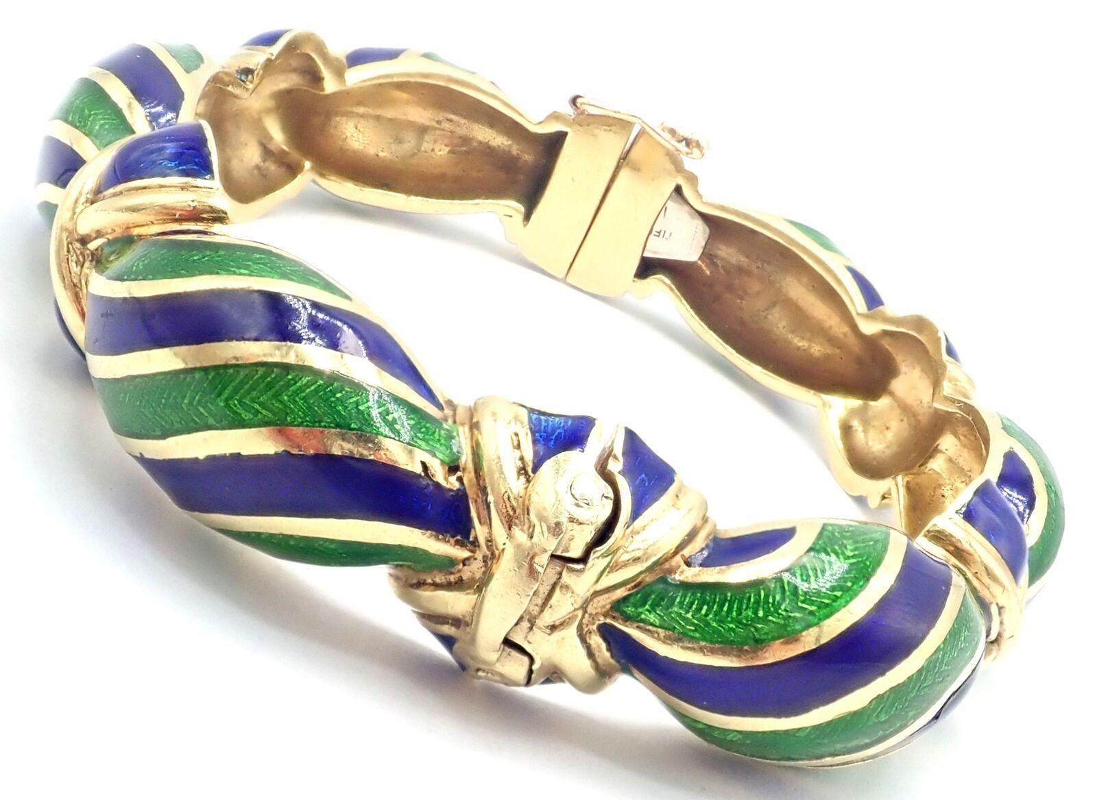 Tiffany & Co Bracelet jonc vintage en or jaune et émail bleu vert Unisexe en vente