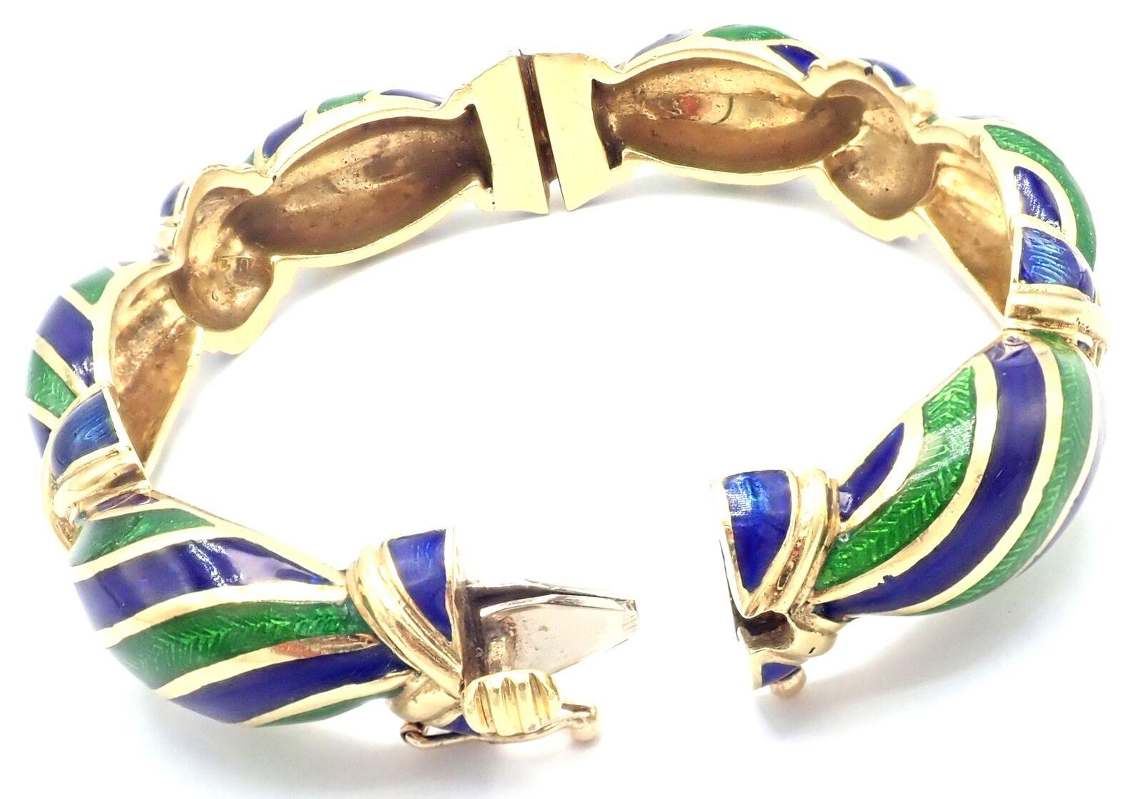 Tiffany & Co Bracelet jonc vintage en or jaune et émail bleu vert en vente 1
