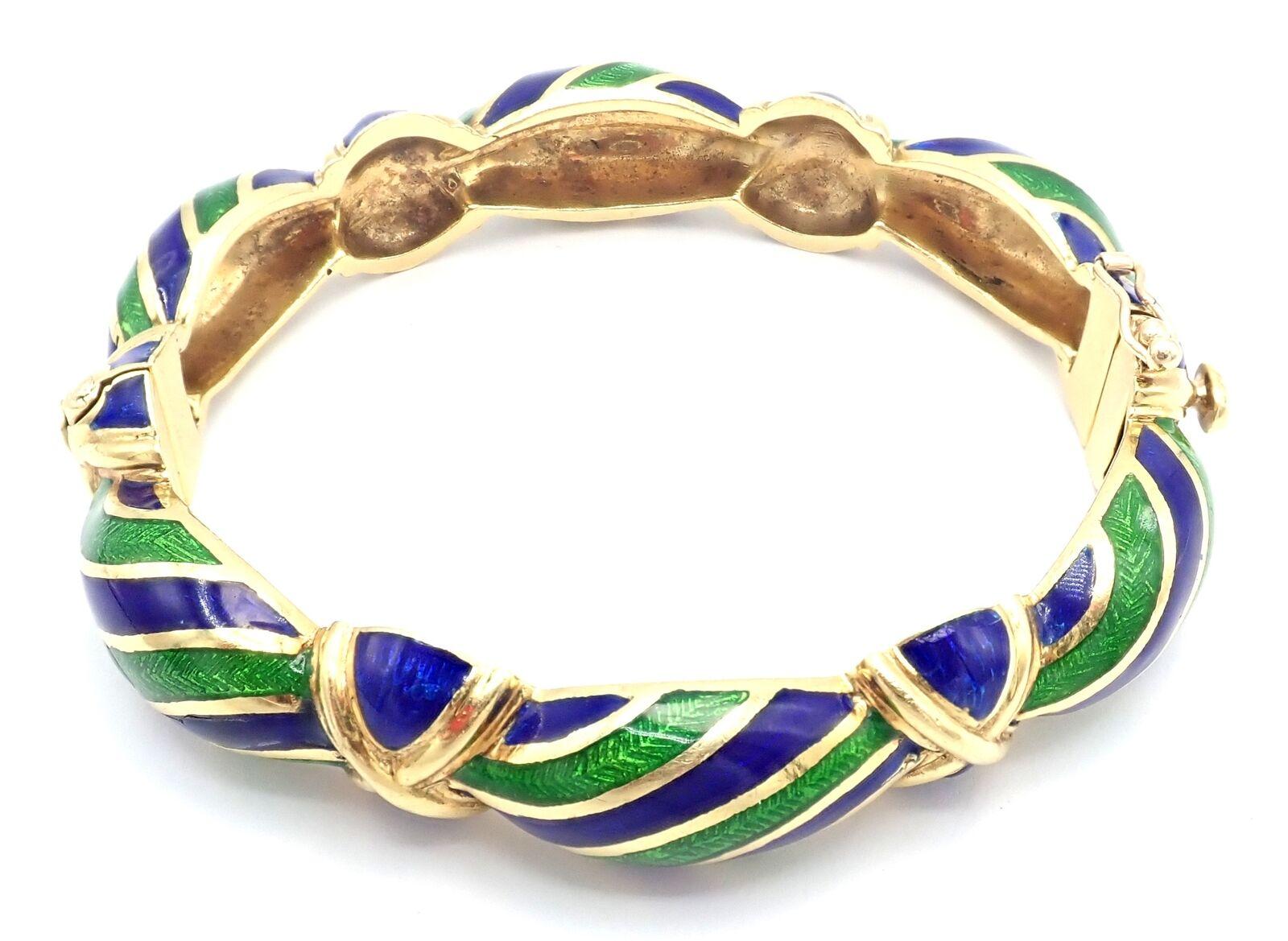 Vintage Tiffany & Co Green Blue Enamel Yellow Gold Bangle Bracelet For Sale 1