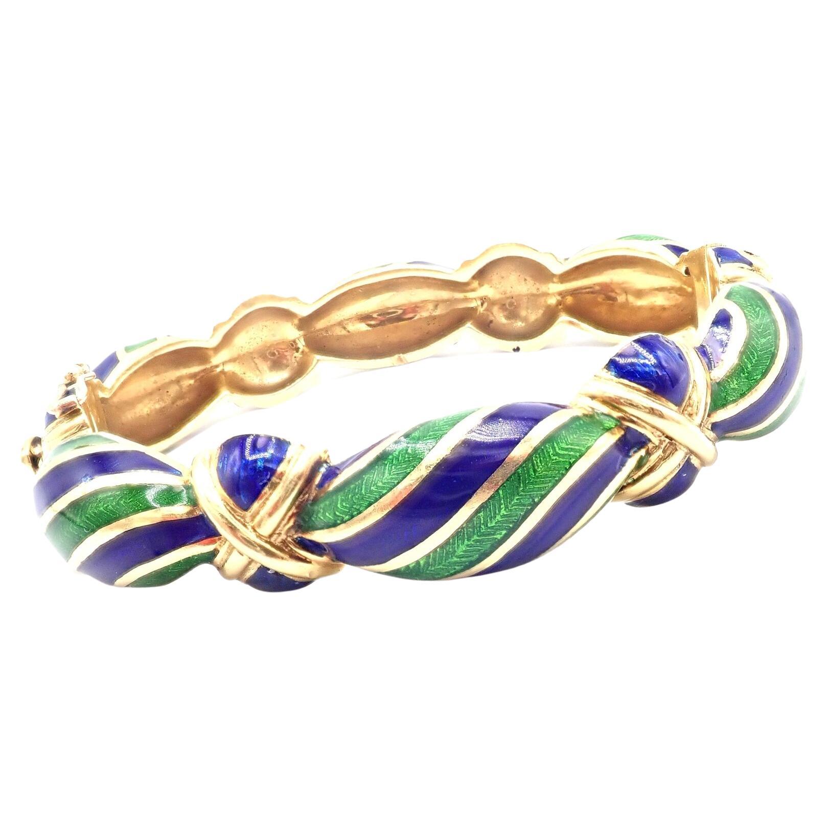 Vintage Tiffany & Co Green Blue Enamel Yellow Gold Bangle Bracelet