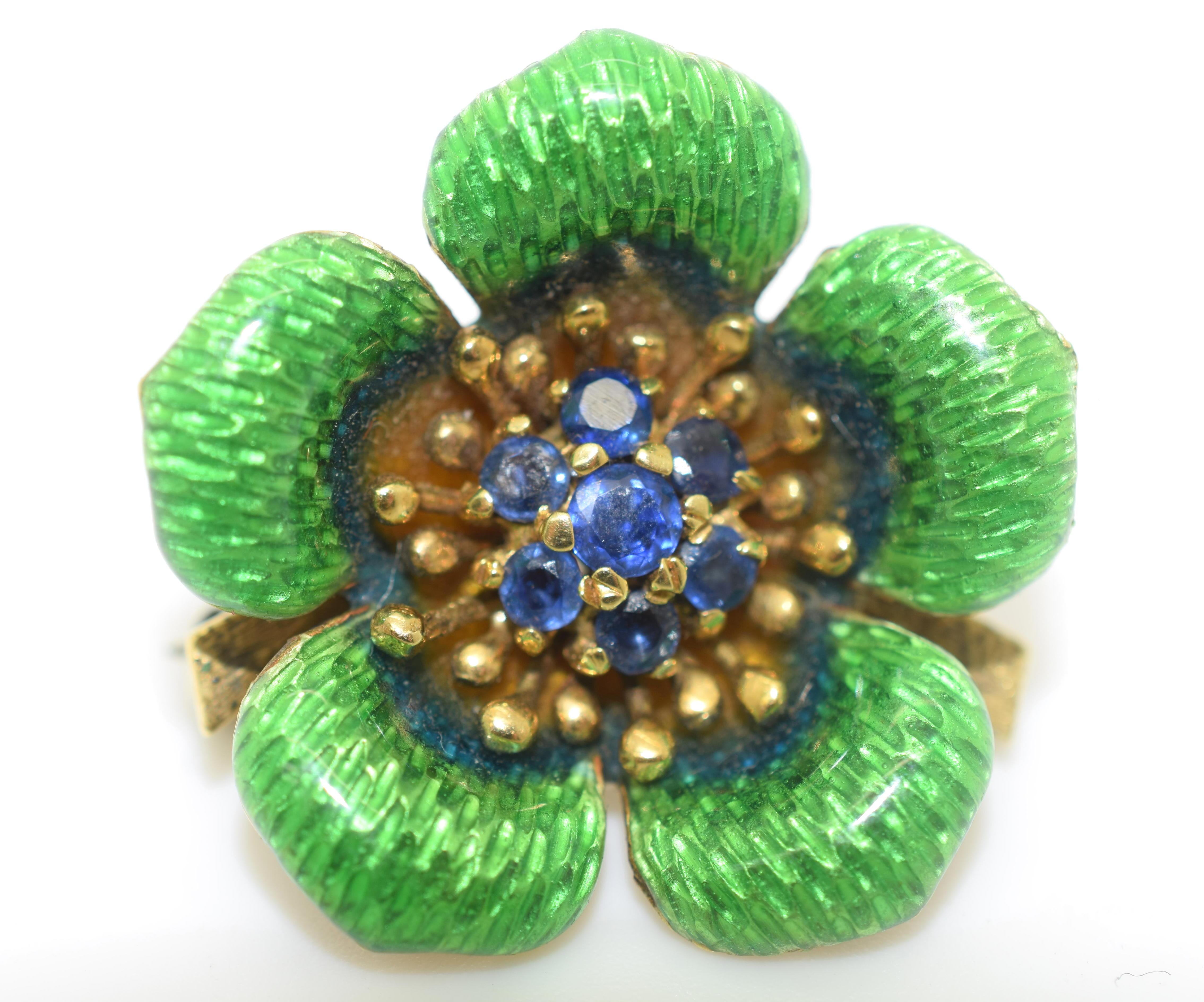 Modern Vintage Tiffany & Co. Green Enamel Flower Brooch 18 Karat Gold Blue Sapphires