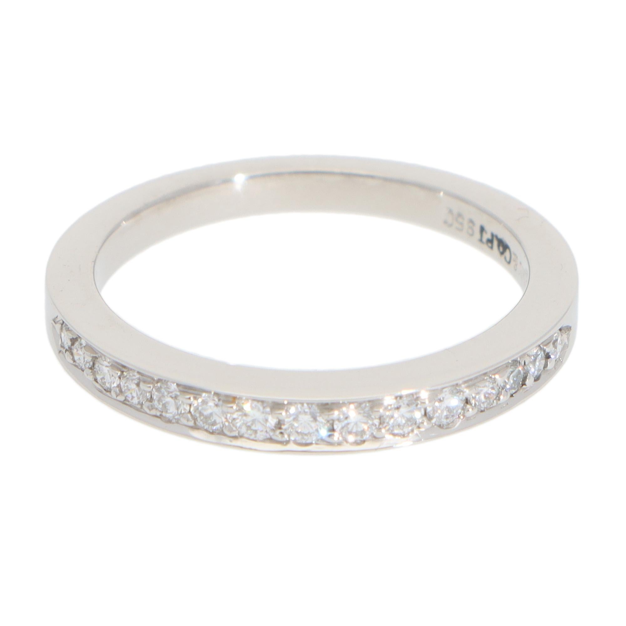 A beautiful vintage Tiffany & Co. diamond half-eternity ring set in platinum.

The ring is composed of 15 round brilliant cut diamonds, micro-claw set securely within a 2-millimetre platinum band. This half-eternity ring is perfect for everyday