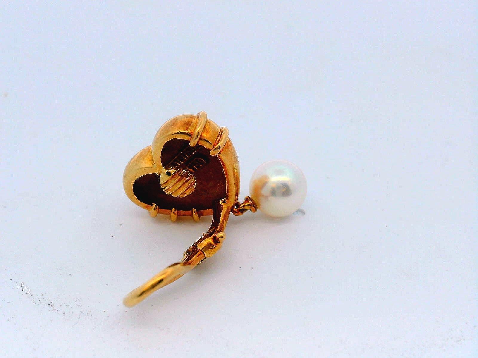 Vintage Tiffany & Co. Heart Cupid Arrow 18K Yellow Gold Earrings W/Pearl For Sale 1