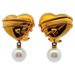 Vintage Tiffany & Co. Heart Cupid Arrow 18K Yellow Gold Earrings W/Pearl