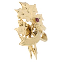 Vintage Tiffany & Co Holly Leaf Ruby Brooch in Yellow Gold