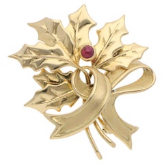 Vintage Tiffany & Co Holly Leaf Ruby Brooch in Yellow Gold