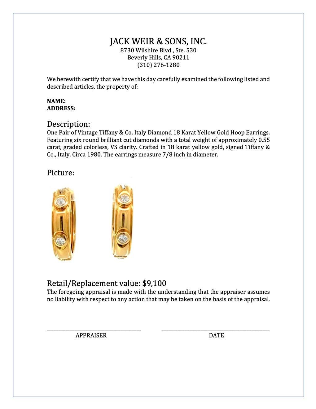 Vintage Tiffany & Co. Italy Diamond 18 Karat Yellow Gold Hoop Earrings 1