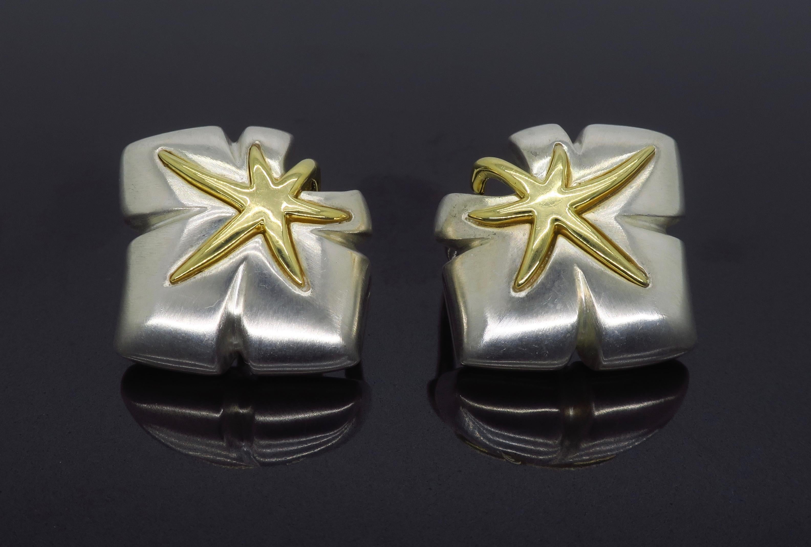 Vintage Ivy Starfish earrings crafted by Tiffany & Co. in sterling silver and 18k yellow gold

Designer: Tiffany & Co.
Metal: Sterling Silver & 18K Yellow Gold
Earring Length: Approximately .75” Long
Marked/Tested: Stamped “750” “1991 TIFFANY & CO.