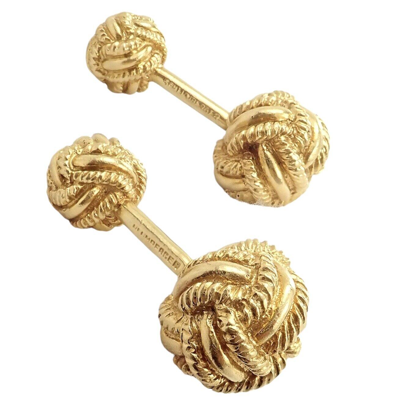 18k Yellow Gold Jean Schlumberger Vintage Rope Knot Cufflinks by Tiffany & Co. 
Details: 
Dimensions: 27mm x 12mm
Size: Front: 12mm, Back: 8mm
Weight: 18 grams
Stamped Hallmarks: Tiffany 18k Schlumberger 
*Free Shipping within the United