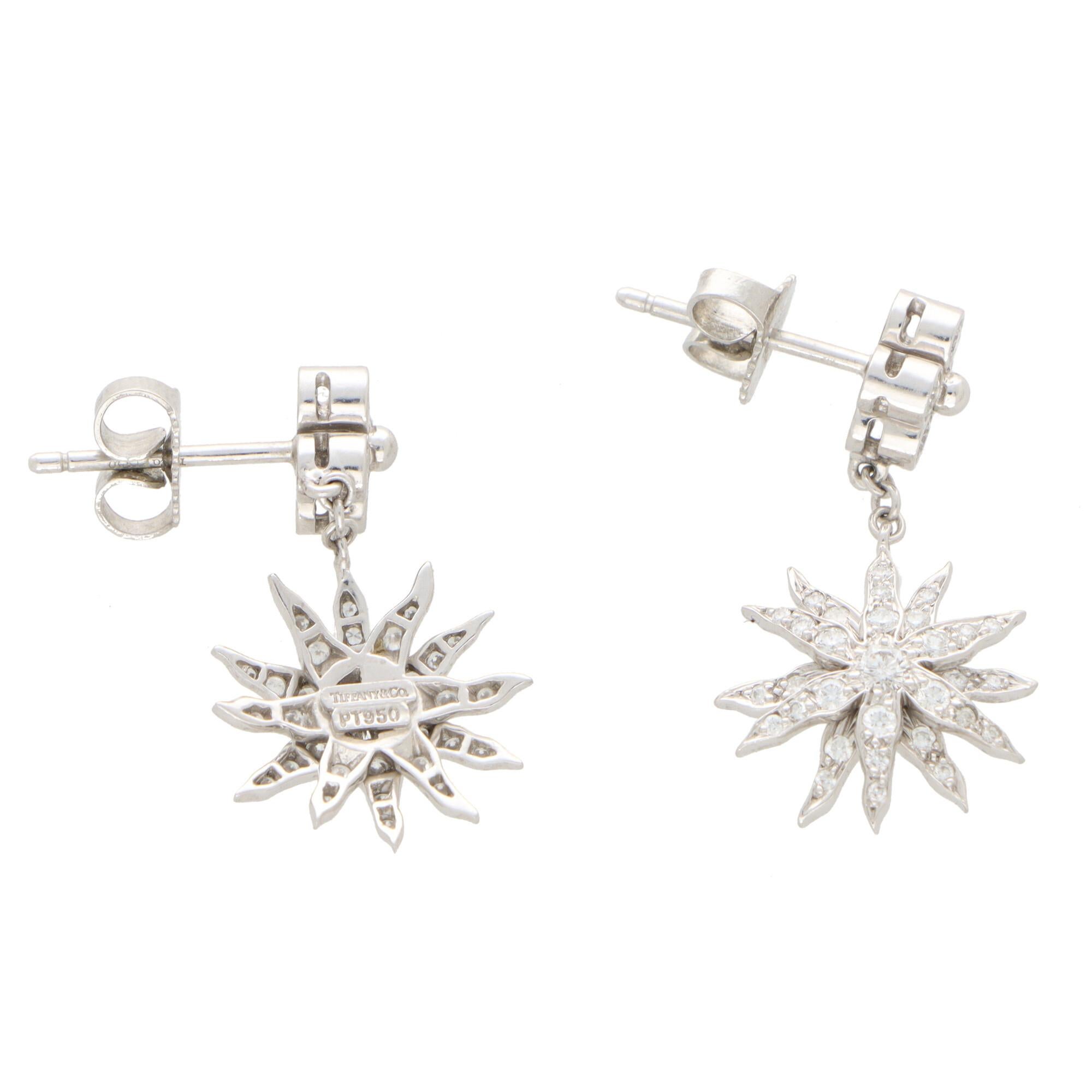 Round Cut Vintage Tiffany & Co. ‘Lace Sunburst’ Diamond Drop Earrings Set in Platinum