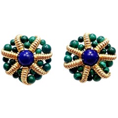 Vintage Tiffany & Co. Lapis Lazuli and Malachite Large Yellow Gold Earrings