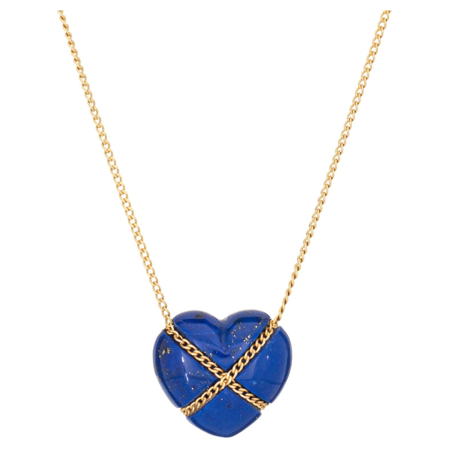 Vintage Tiffany & Co Lapis Lazuli Necklace Cross My Heart 18k Yellow Gold 1990s
