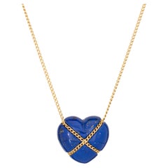Vintage Tiffany & Co Lapis Lazuli Necklace Cross My Heart 18k Yellow Gold 1990s