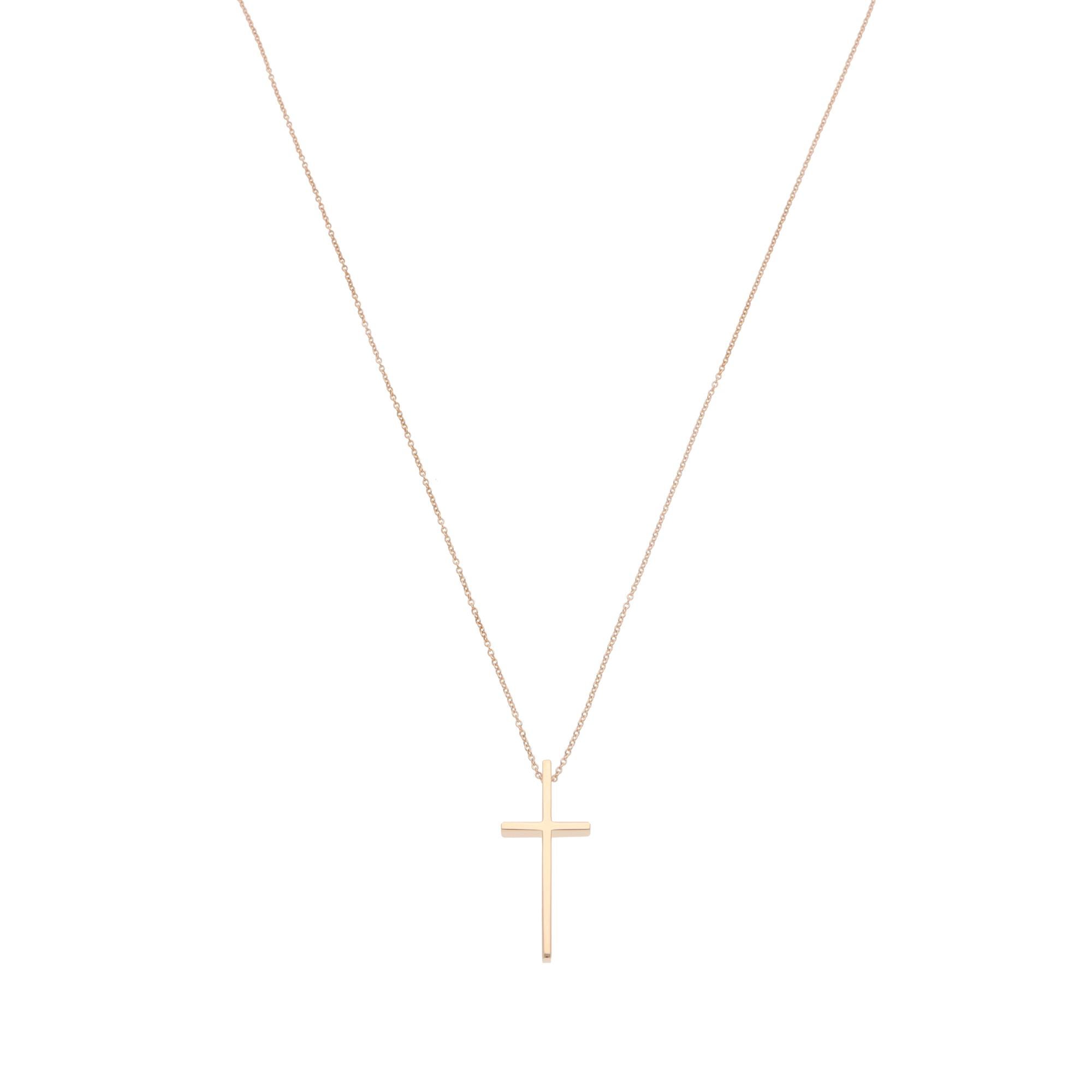 Eine schöne Vintage Tiffany & Co. große Kreuz Anhänger Halskette in 18k Roségold gesetzt. 
 
Der Anhänger zeigt ein Kreuzmotiv, das aus massivem Roségold gefertigt ist. Der Anhänger hängt elegant an einer 18-Zoll-Spurenkette. Aufgrund seines Designs