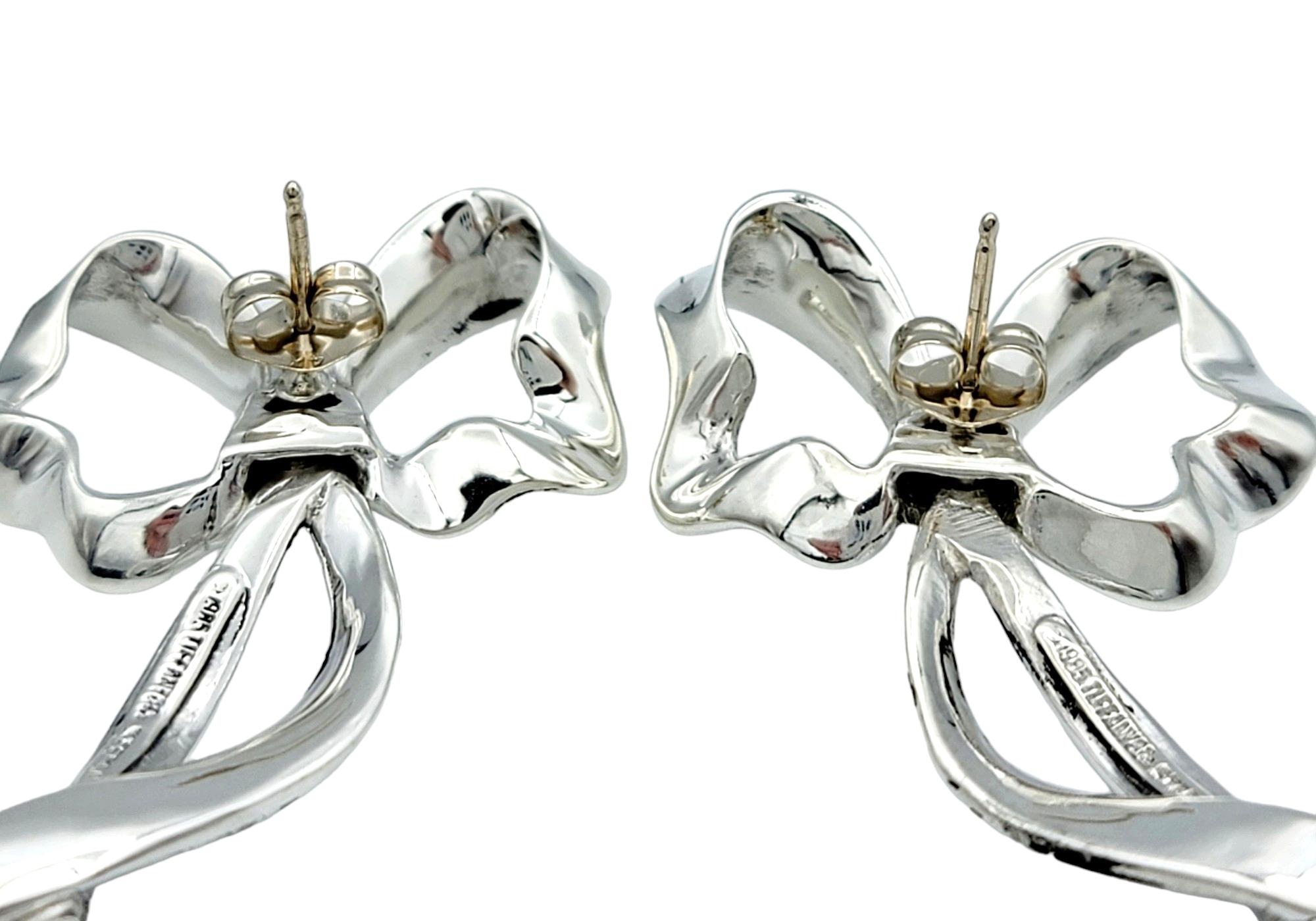 Vintage Tiffany & Co. Large Ribbon Bow Earrings Set in Polished Sterling Silver In Good Condition For Sale In Scottsdale, AZ