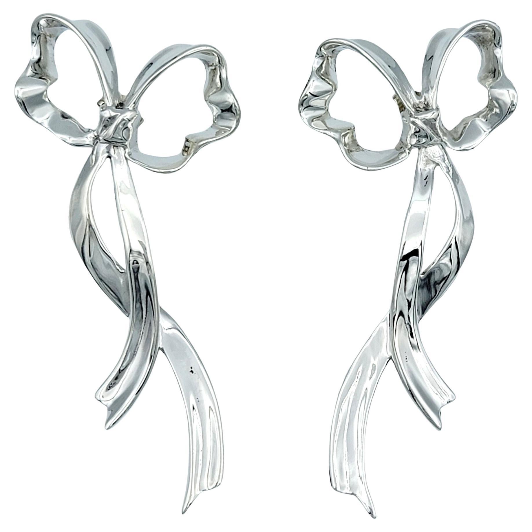 Vintage Tiffany & Co. Large Ribbon Bow Earrings Set in Polished Sterling Silver For Sale