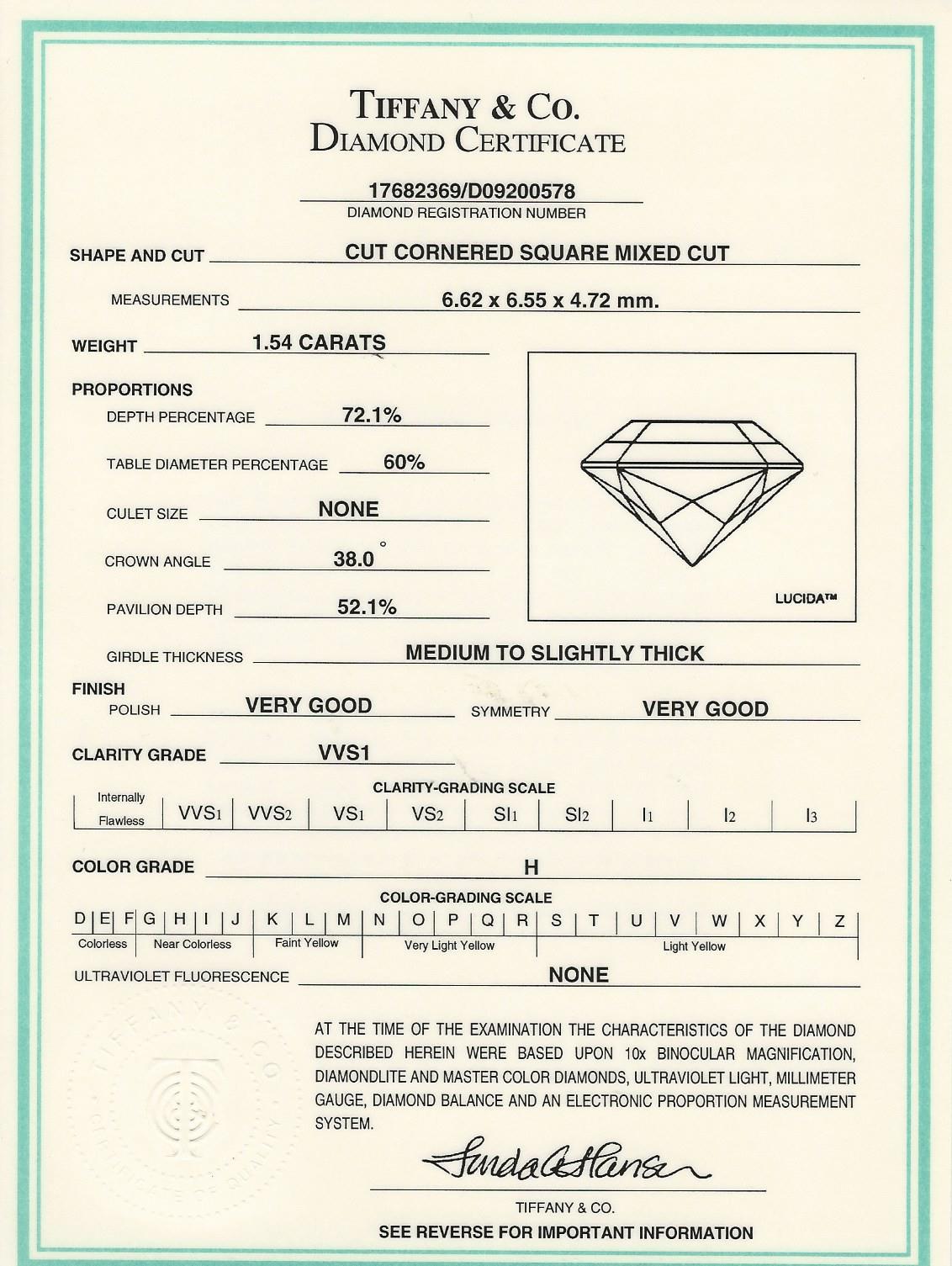 Square Cut Vintage Tiffany & Co. Lucida 1.54 Carat Diamond Platinum Engagement Ring