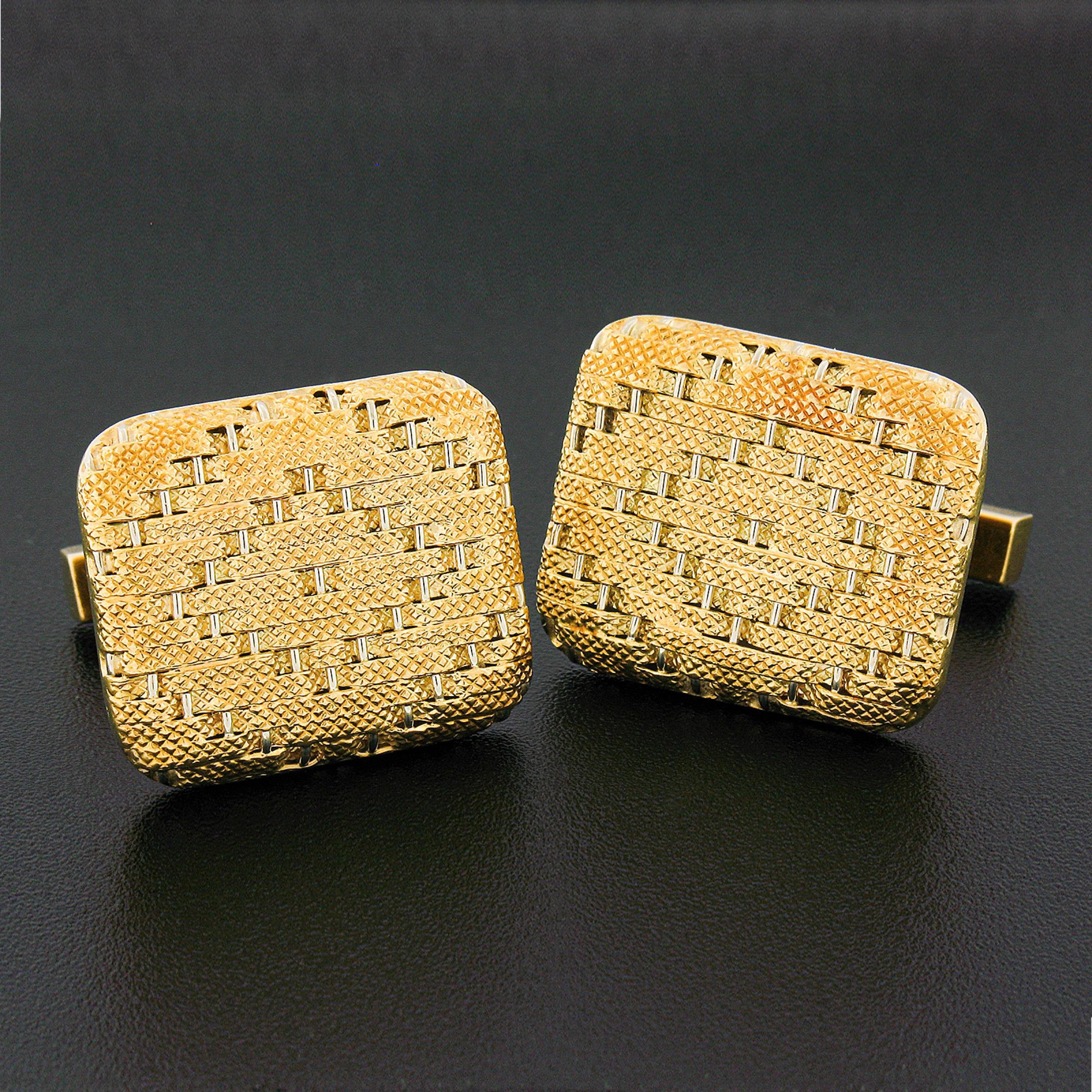 Vintage Tiffany & Co. Men's 18k Two Tone Gold Woven Textured Platter Cuff Links For Sale 3