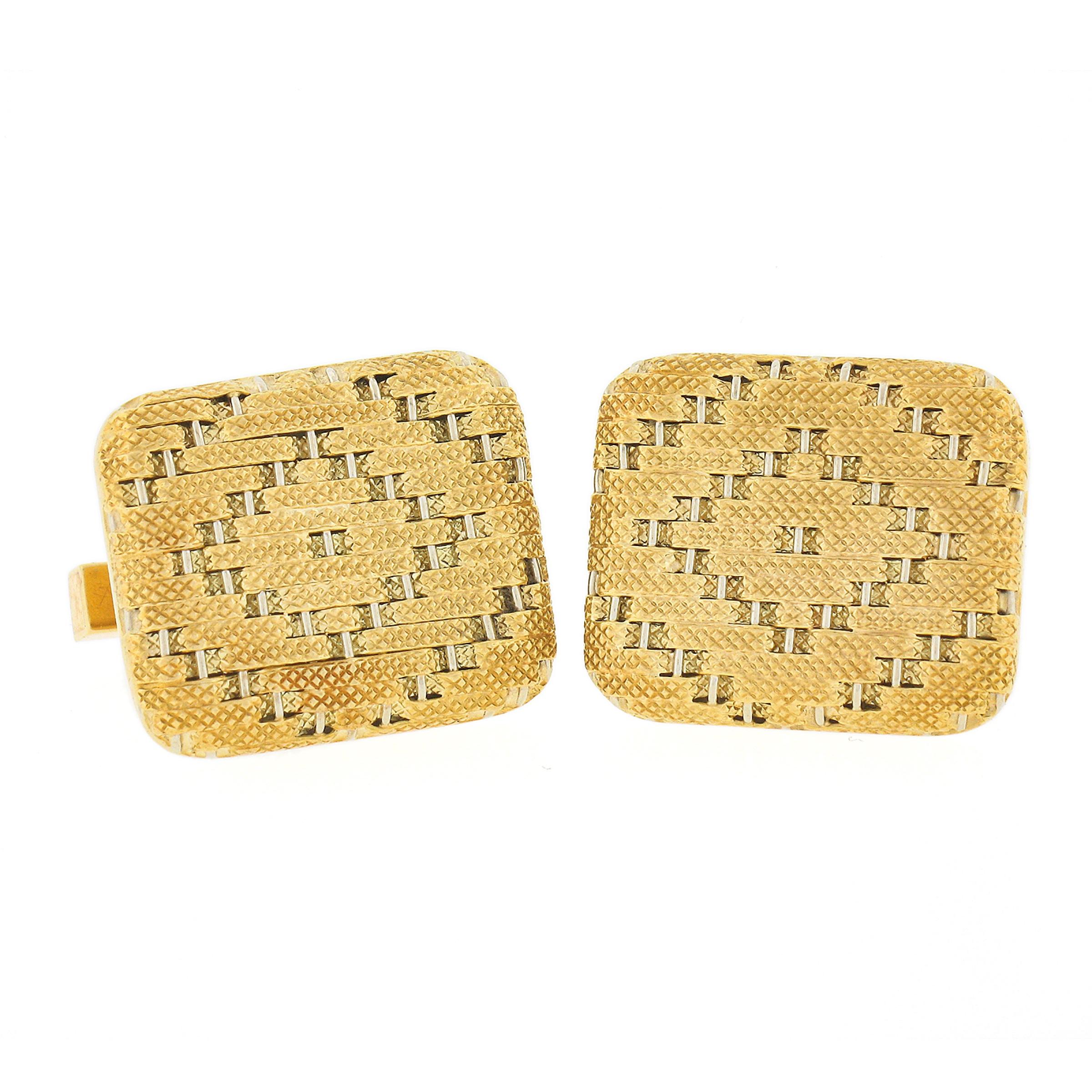 Vintage Tiffany & Co. Boutons de manchette pour hommes en or bicolore 18k à plateau texturé et tissé en vente