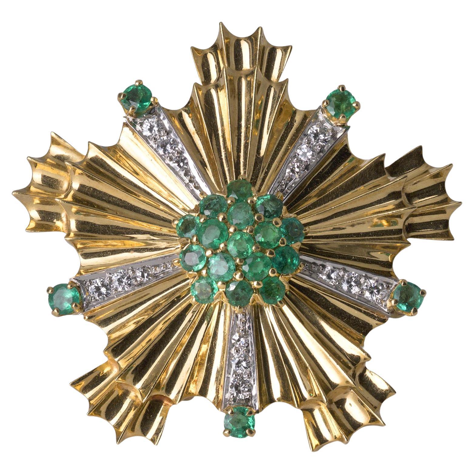 Vintage Tiffany & Co Mid-Century Emerald And Diamond Pinwheel Brooch