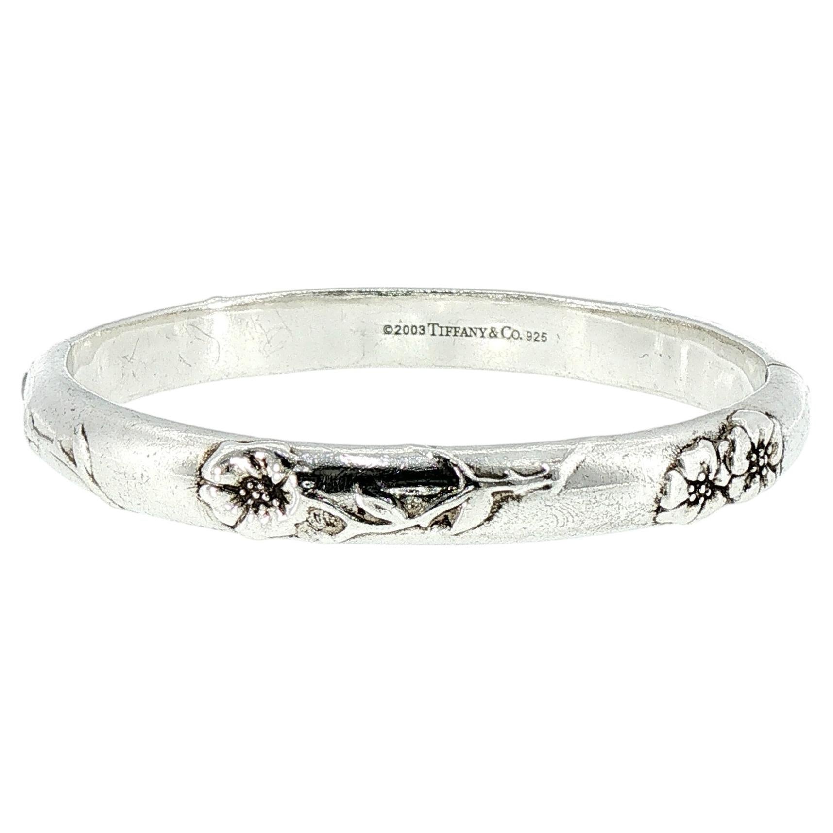 Vintage Tiffany & Co. "Nature" Silver Floral Motif Bangle Bracelet